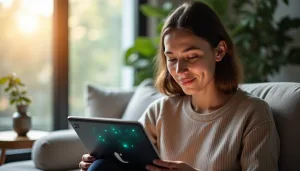 Jeune femme souriante utilisant une tablette avec une IA de soutien psychologique dans son salon