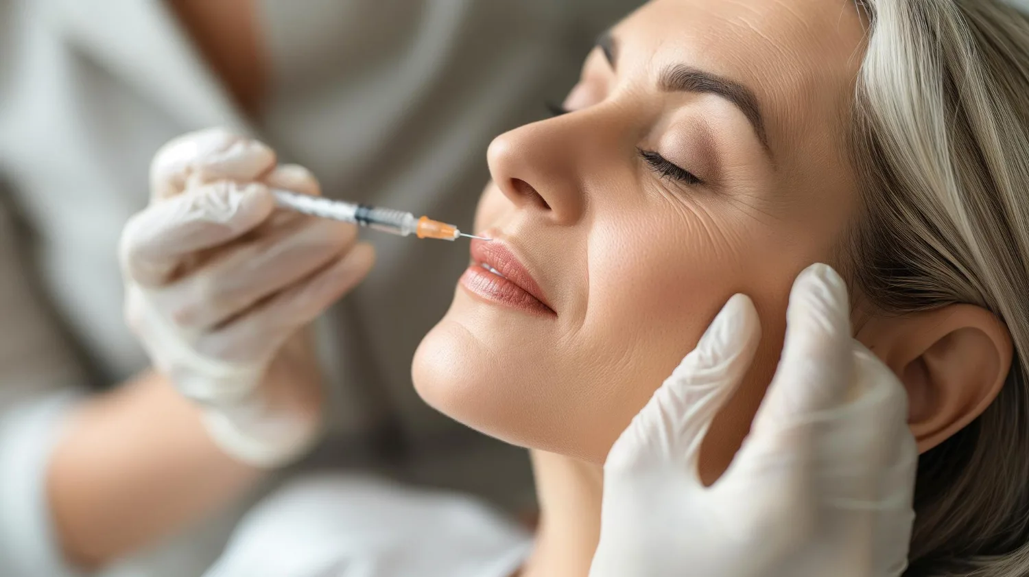 Une femme reçoit une injection de botox dans le visage au salon de beauté.